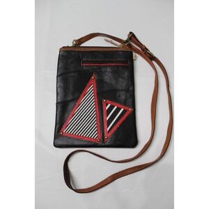 Vaan & Co Upcycled Leather Patchwork Crossbody Bag Black Red Striped Geometric